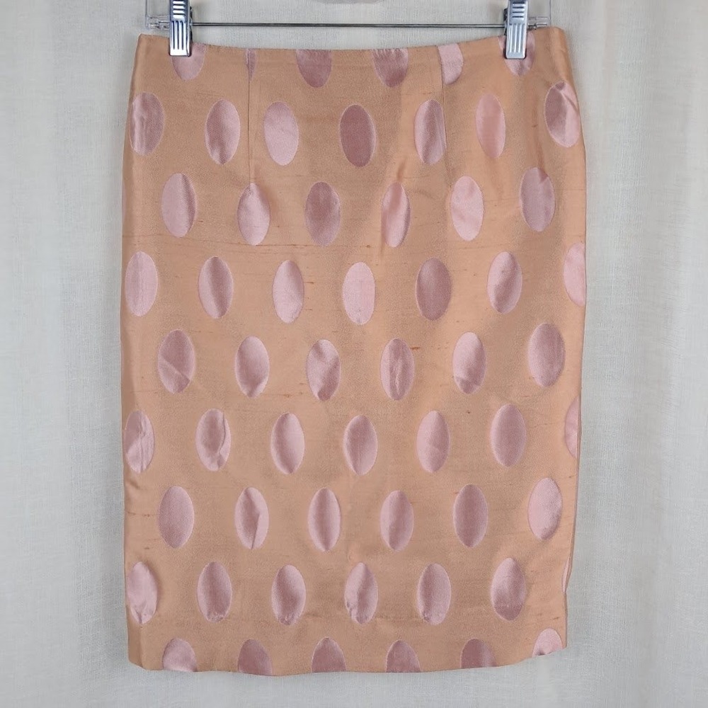Les Jupes Vintage 90s 100% Slubbed Silk Oval Jacquard Pencil Skirt Peach Pink